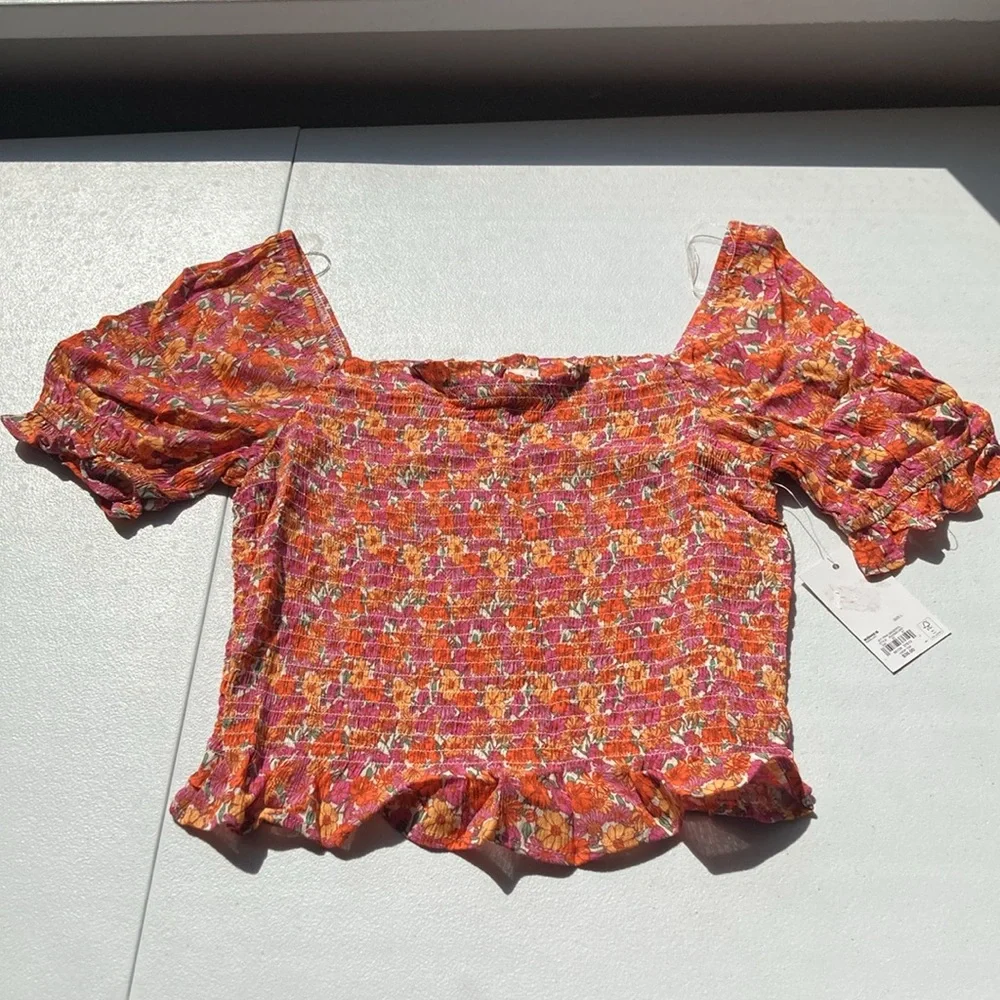3/$24 SO crop top floral print smocked bodice puff sleeve boho cottagecore L jr - Picture 8 of 17